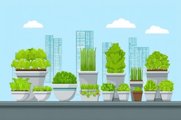 A row of potted plants on a rooftop overlooking the cityscape, showcasing urban gardening in a flat vector art style.