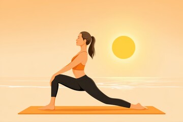 A serene woman practicing yoga on a sandy beach illuminated by the soft morning light, with the ocean waves in the background. 