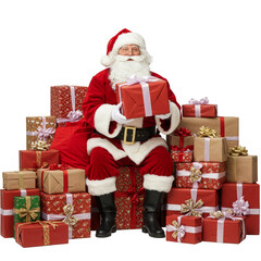 Illustration of Santa Sitting On Stack of Gift Boxes Transparent Background