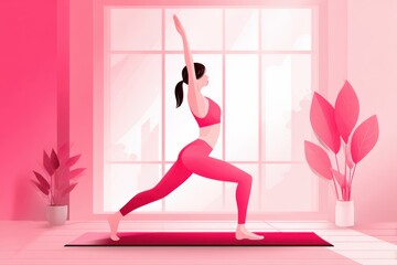 A serene woman practicing yoga in a sunlit room in front of a large window, surrounded by plants. The morning light gently illuminates her as she holds a pose.