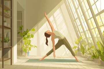 A serene woman practicing yoga in a brightly lit room, surrounded by morning light. The flat vector art style illustration captures the peaceful and meditative atmosphere of the scene.
