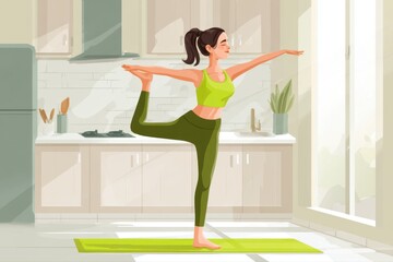 A peaceful woman practicing yoga in the morning light of her kitchen. She is focused and serene, finding balance and relaxation in her daily routine.
