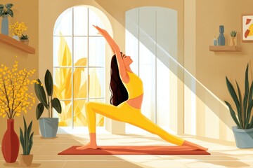 A peaceful woman practicing yoga in a bright room illuminated by morning light. She is focused and calm, surrounded by a serene atmosphere.
