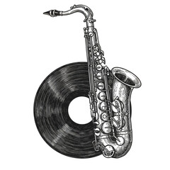 Illustration of Saxophone and Record on Transparent Background