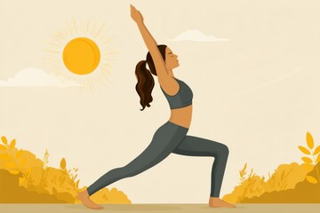 A peaceful woman practicing yoga in a serene park setting, illuminated by the soft morning light. The flat vector art style adds a modern touch to this relaxing scene.