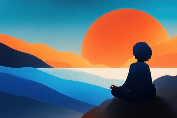 A peaceful person sitting in a meditation position, with the sun setting in the background, creating a serene and calming atmosphere.