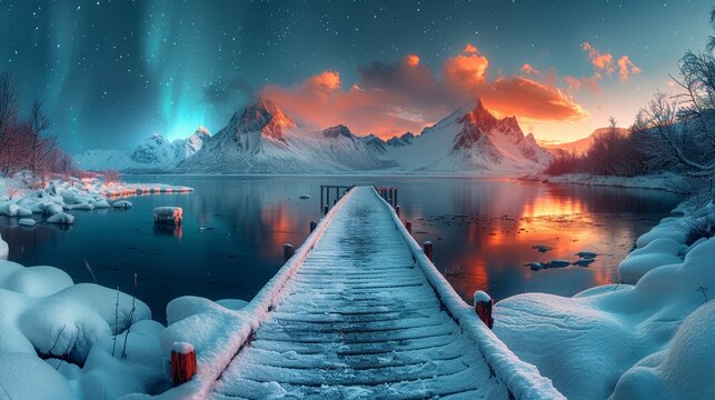 Snowy mountains reflected in calm water under aurora borealis, with a wooden dock