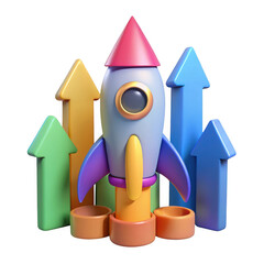 Colorful rocket ship ascending with upward trend arrows isolated on transparent background