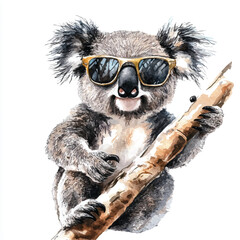 Naklejka premium Cool Koala Wearing Sunglasses Holding Branch Watercolor Illustration