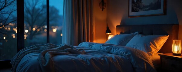 Tranquil Nighttime Bedroom Scene Soft Lighting, Plush Bedding, and Serene Atmosphere, Perfect for Relaxation and Sleep