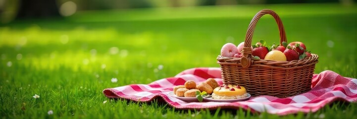 Romantic Picnic on Lush Green Grass Cozy Blanket, Rustic Basket, Delicious Treats