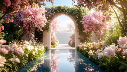 Luminous Garden Scene Featuring Arched Entrance Blossoming Trees and Reflecting Water Pathway