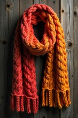 Cozy Chunky Knit Scarf on Rustic Wood Autumn Winter Warmth and Comfort