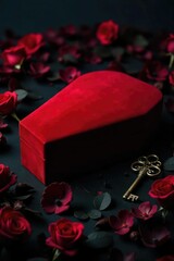 Dark Red Velvet Casket with Black Roses and Antique Key Gothic Romance and Macabre Valentines Day Stock Photo