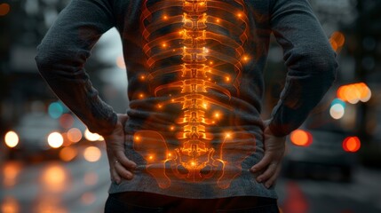 Person facing away, superimposed spinal glow, lights blurred background