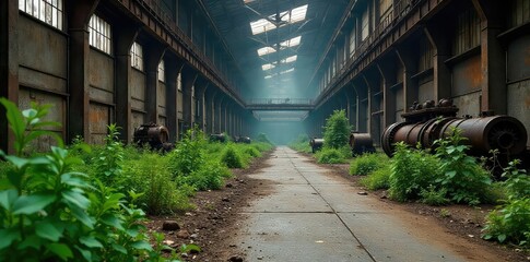 Deserted Factory Floor Rusting Machinery and Overgrown Weeds Symbolize Economic Decline and Job Losses in the Industrial Sector