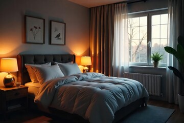 Serene Bedroom Soft Lighting, Plush Comforter, and Calming Nightstand Design