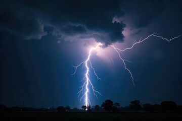 Dramatic Lightning Strike Illuminates Stormy Night Sky Close-Up of Electrical Discharge