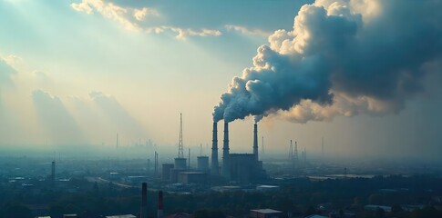Dramatic Overhead View of Industrial Smokestacks Billowing Smoke, Illustrating Greenhouse Gas Emissions and Climate Change Impact