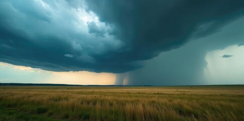 Dramatic Stormy Sky Over Rolling Landscape Impending Rain and Powerful Wind Whip Across Open Fields