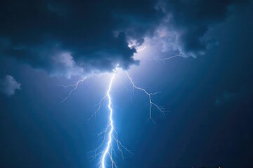 Dramatic Lightning Bolt Striking Dark Stormy Sky, Intense Flash Illuminates Clouds, Powerful Hurricane Energy, Nature Weather Photography