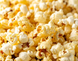 A close-up of fluffy popcorn, generously drizzled with melted butter, a quintessential snack for movies or events.