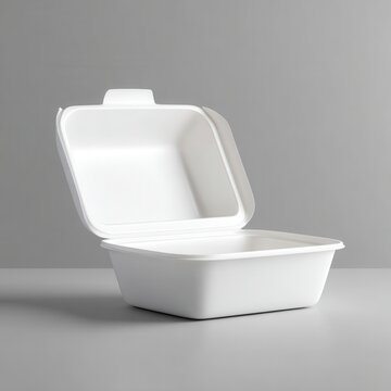 A clean, empty white takeout container with an open lid is displayed on a neutral background, ideal for food service imagery or packaging design, representing convenience and modern dining,
