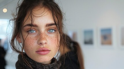 Freckled woman with blue eyes looks forward in blurred art gallery