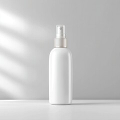 A clean, minimalist white spray bottle stands on a light surface, perfect for cosmetic or personal care product presentations, Ideal for branding, packaging designs, or ad campaigns,