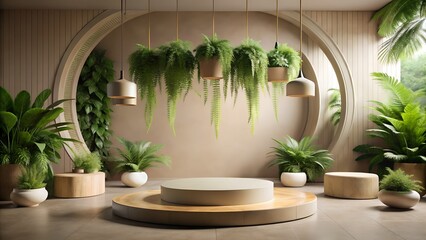 A minimalist stage with hanging plants and circular decor
