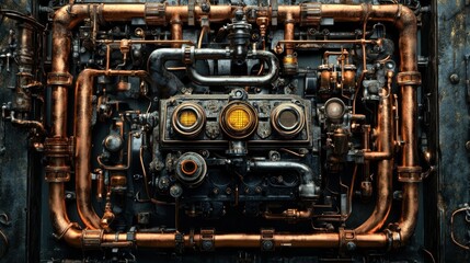 Fototapeta premium Intricate copper and metal machinery, detailed pipes, and glowing elements