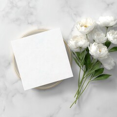 A blank square card rests on an elegant plate beside a bouquet of white peonies, set against a smooth marble surface, ideal for invitations, greeting cards, or any personal messages,