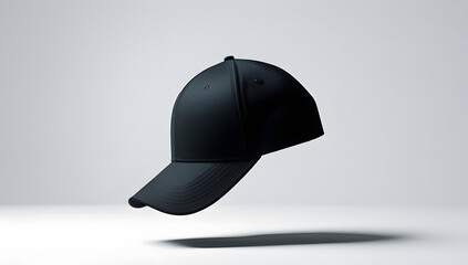 Black silhouette of a floating baseball cap, tilted in mid-air with sharp curves and no visible support, set against a pure white background, evoking identity, mystery, and modern symbolism