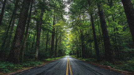 Obraz premium Asphalt road cuts through lush forest, tall trees towering above, natural light