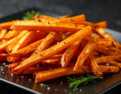 A heap of crispy sweet potato fries, perfectly seasoned and ready to be dipped, a healthier and delicious alternative to regular fries.
