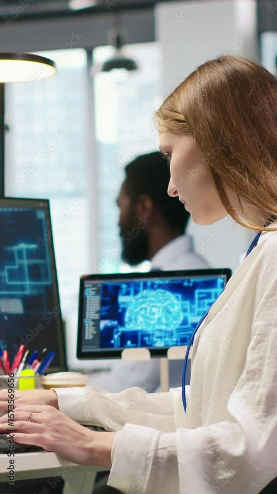 Poster vertical video junior developer in office integrating ai machine learning systems to streamline work