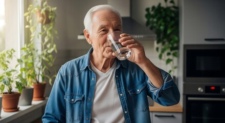 An elderly man with short, gray hair sits in his kitchen, drinking water from a glass. He's wearing a denim shirt and appears content. Natural light streams from a nearby window.