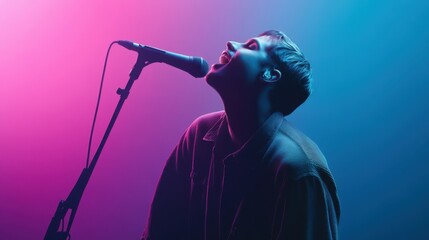 Passionate male vocalist intensely performing under vibrant stage neon lighting