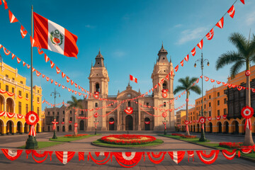 Main squares of Peru decorated for Independence Day &ndash; 28th of July patriotic celebration with Peruvian flags and festive red-white elements