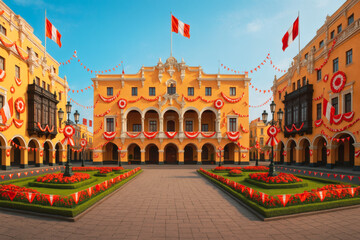 Main squares of Peru decorated for Independence Day – 28th of July patriotic celebration with Peruvian flags and festive red-white elements