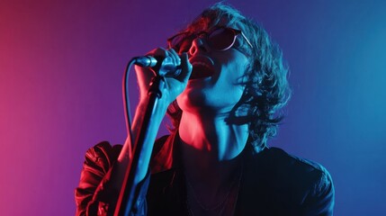 Passionate Singer Performing Under Dynamic Lighting, immersed in emotion