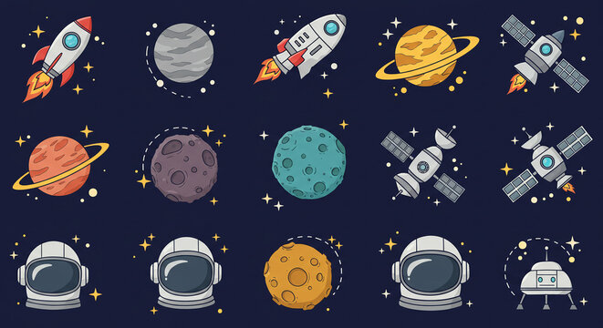 Outer space vector illustration with planets rockets astronauts and satellites design elements set on transparent background