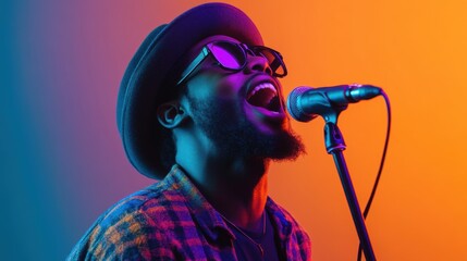 A passionate singer performing under vibrant, colorful stage lighting
