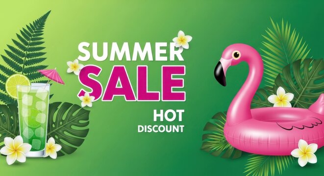 Summer sale hot discount with tropical drinks and flamingo float