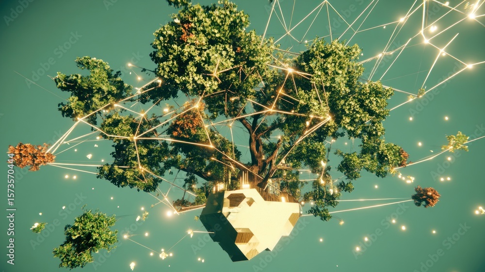 Poster digital tree connected by glowing network