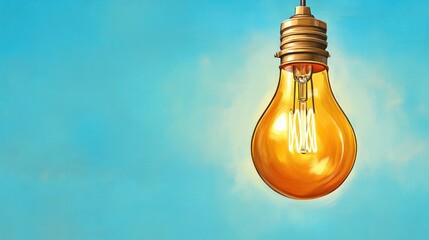Glowing light bulb hanging on blue sky, representing ideas and innovation, with copy space