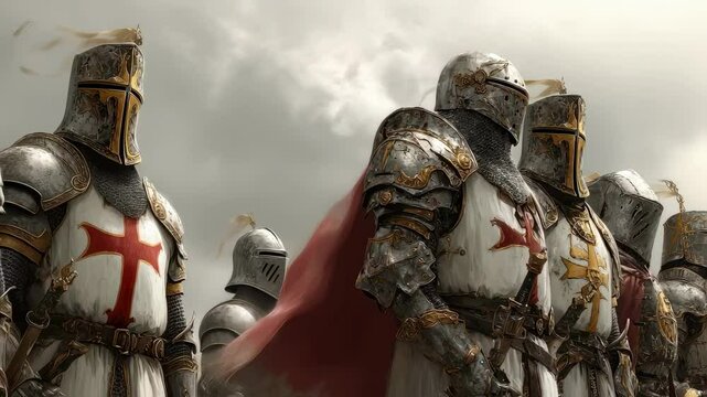 Five medieval knights, clad in full plate armor, stand shoulder to shoulder, their swords at their sides, ready to defend their faith and kingdom