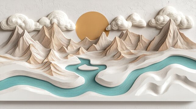 3D sculpted landscape with mountains, clouds, and river