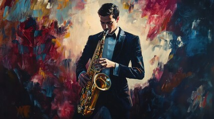 Elegant saxophone player immersed in a vibrant abstract musical landscape