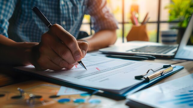 Close-up of person's hands writing on paperwork at a desk, surrounded by office supplies and a laptop.